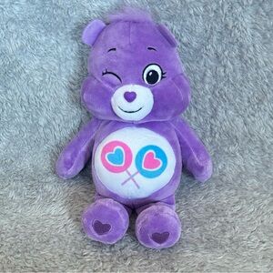Care Bears Share Bear Plush 9” Purple Stuffed Animal Winking Toy Heart Lollipops